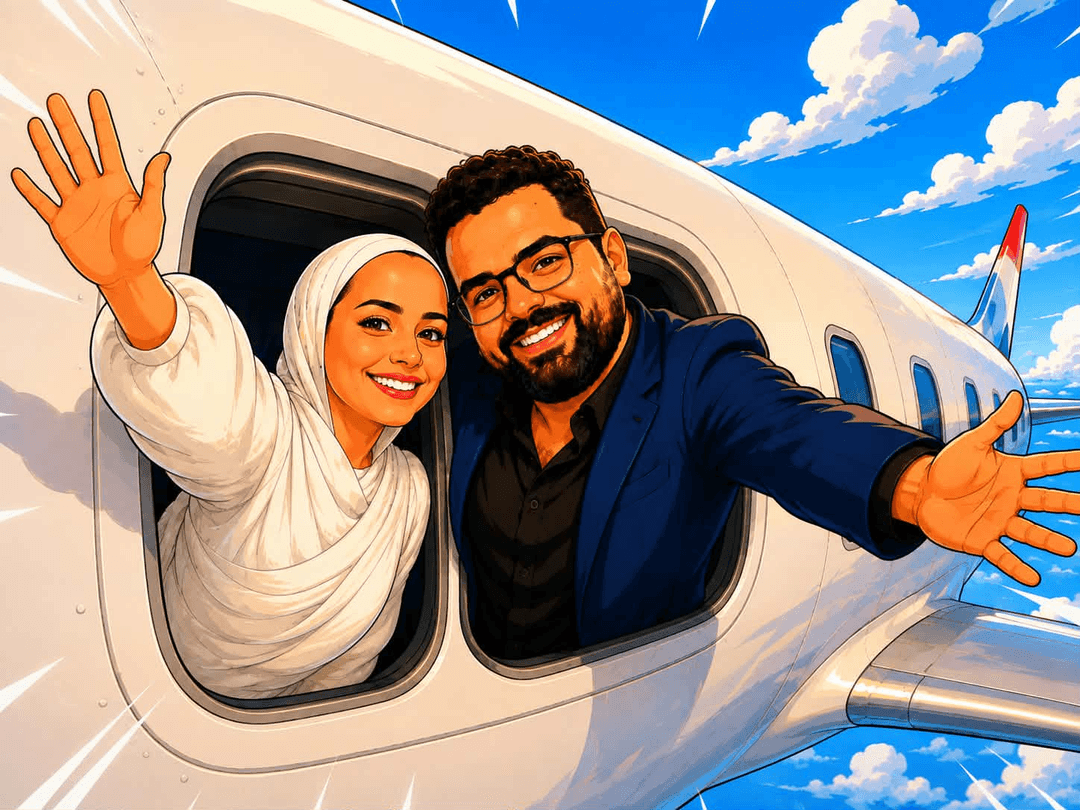 Mahmoud and Raghad waving from an airplane window
